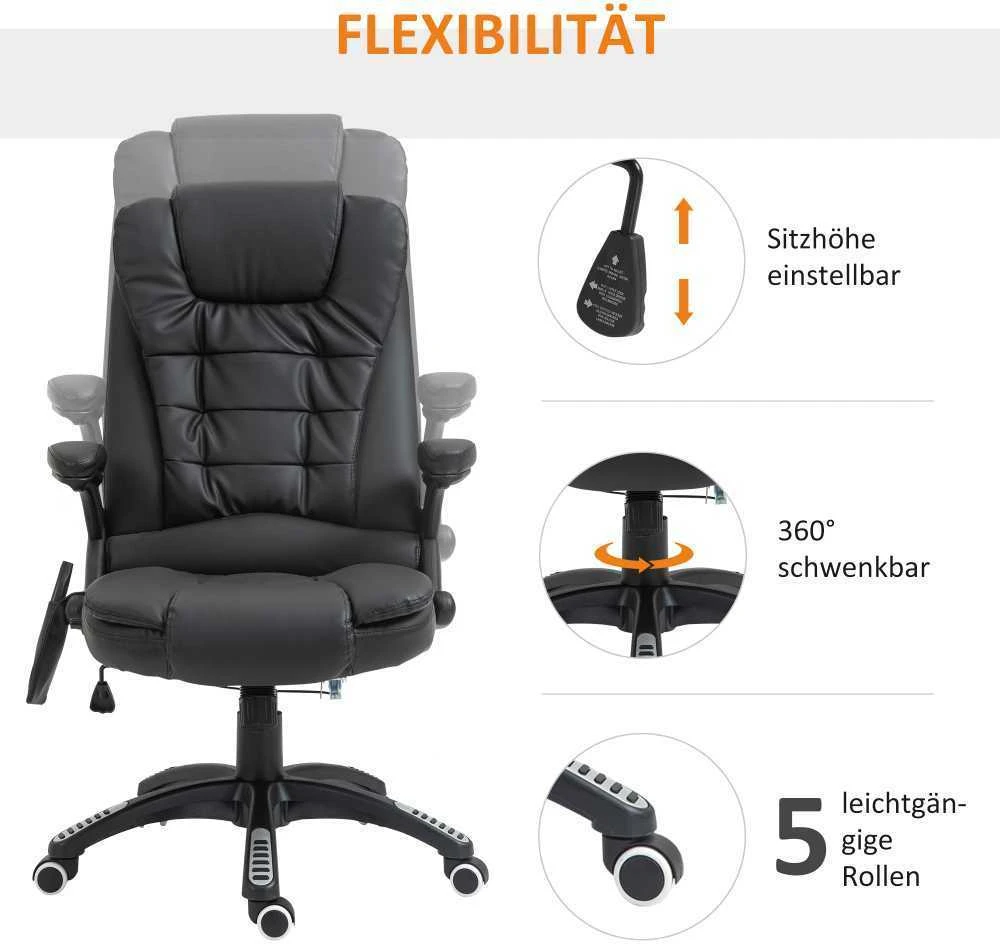 HOMCOM biuro kėdė, vadovo kėdė su 6 taškų vibraciniu masažu ir šildymo funkcija, dirbtinė oda, sukamoji, 62x68x111–121 cm
