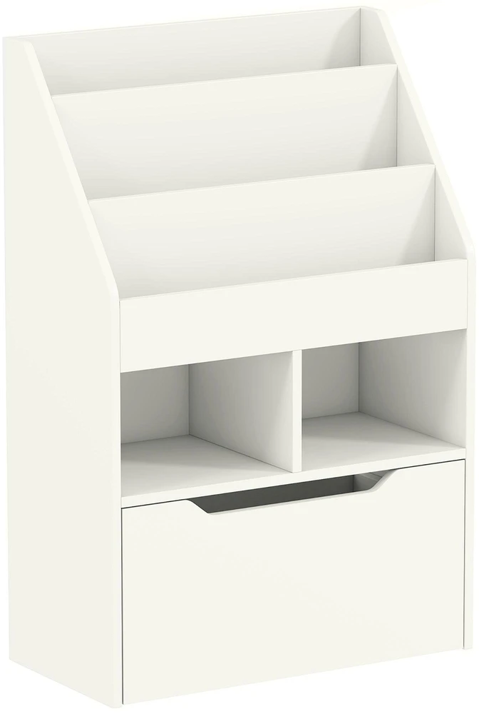 HOMCOM vaikiška knygų lentyna su stalčiumi, 3 lentynomis ir 2 atvirais skyriais, skirta vaikų kambariui ar žaidimų zonai, balta, 60 x 29,9 x 90 cm