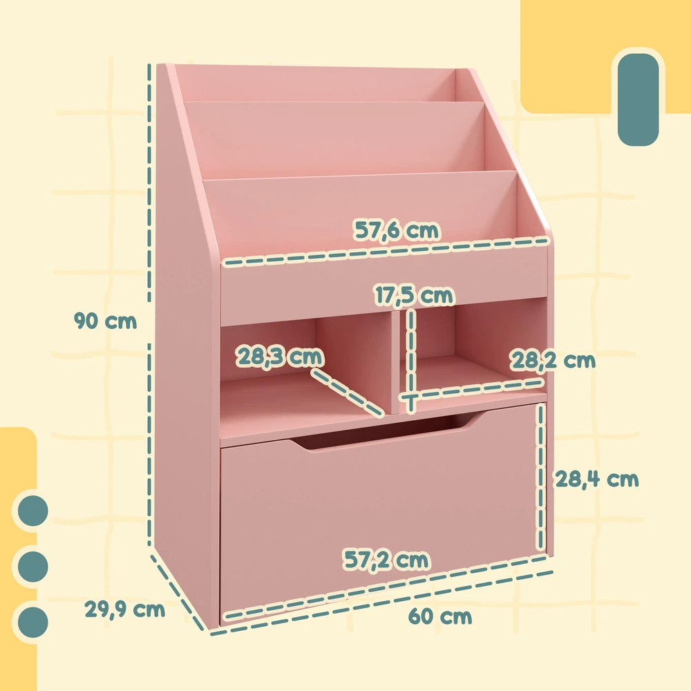 HOMCOM vaikiška knygų lentyna su stalčiumi, 3 lentynomis ir 2 atvirais skyriais, žaislų laikymo lentyna vaikų kambariui, rožinė, 60 x 29,9 x 90 cm