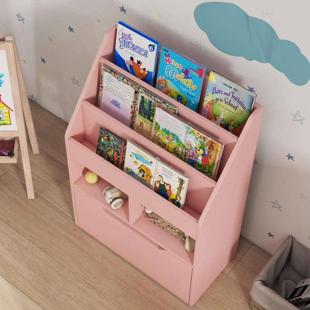 HOMCOM vaikiška knygų lentyna su stalčiumi, 3 lentynomis ir 2 atvirais skyriais, žaislų laikymo lentyna vaikų kambariui, rožinė, 60 x 29,9 x 90 cm
