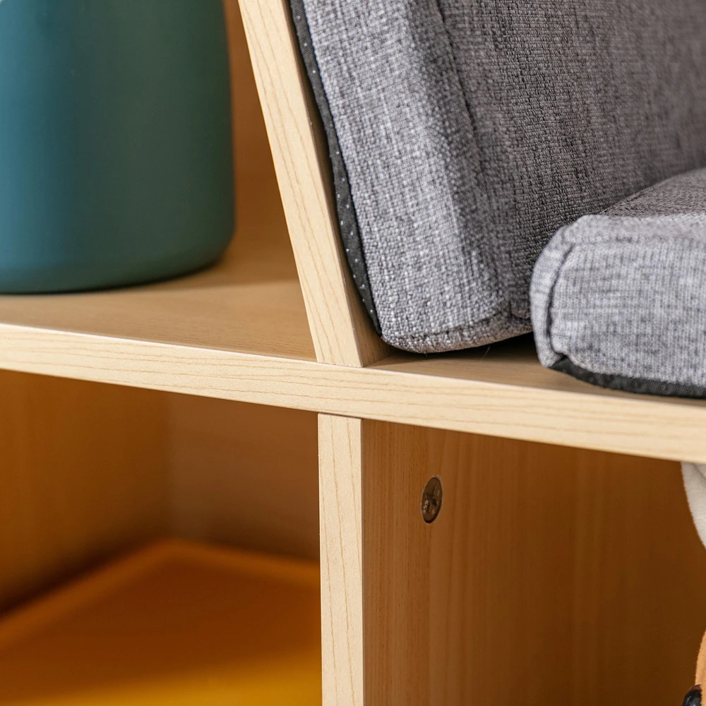 HOMCOM Vaikiška lentyna / knygų lentyna su sėdyne, 6 skyriais ir žaislų dėže, 3 pagalvėlės, nuo 3 metų, pilka + natūrali, 103 x 30 x 62 cm