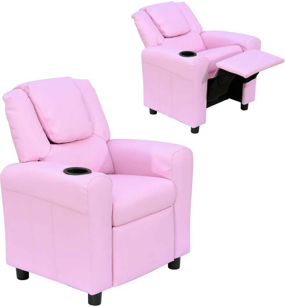 HOMCOM vaikiška sofa su atlošimo funkcija, fotelis vaikams 3–6 metų, rožinė, su puodelių laikikliu, 62x56x69cm