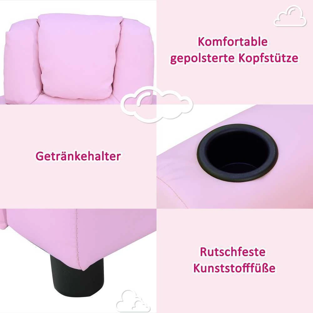 HOMCOM vaikiška sofa su atlošimo funkcija, fotelis vaikams 3–6 metų, rožinė, su puodelių laikikliu, 62x56x69cm