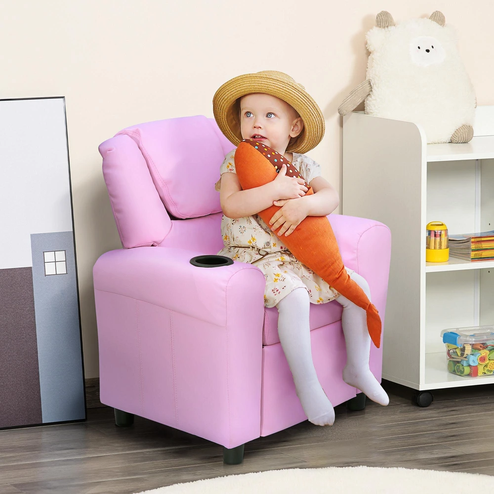HOMCOM vaikiška sofa su atlošimo funkcija, fotelis vaikams 3–6 metų, rožinė, su puodelių laikikliu, 62x56x69cm