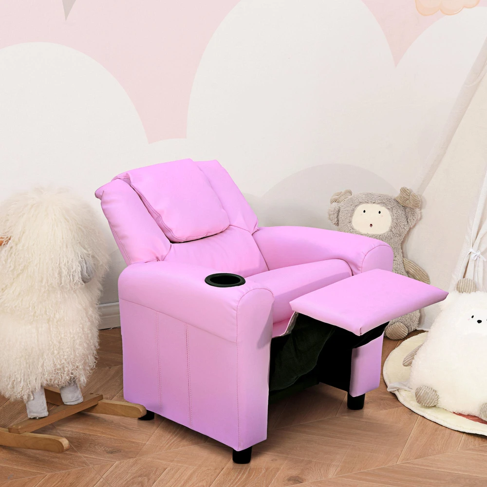 HOMCOM vaikiška sofa su atlošimo funkcija, fotelis vaikams 3–6 metų, rožinė, su puodelių laikikliu, 62x56x69cm