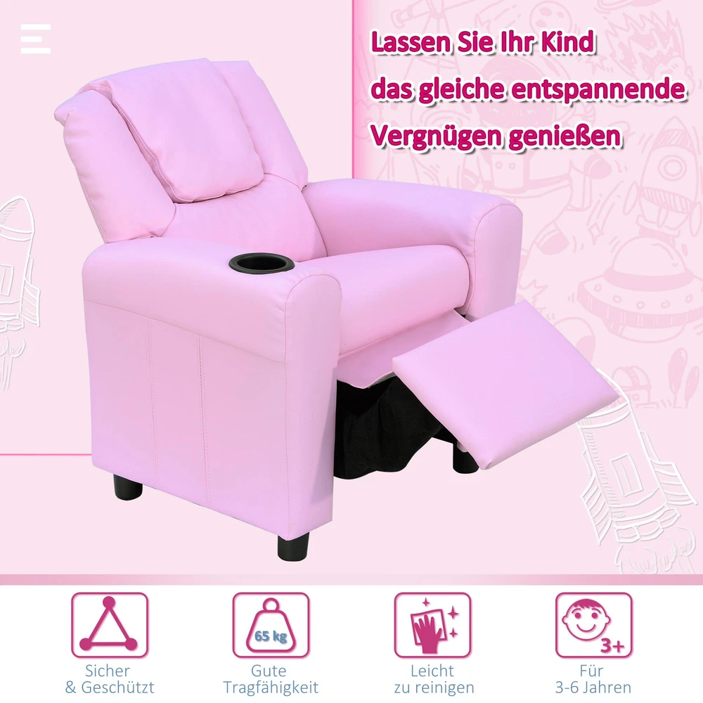 HOMCOM vaikiška sofa su atlošimo funkcija, fotelis vaikams 3–6 metų, rožinė, su puodelių laikikliu, 62x56x69cm