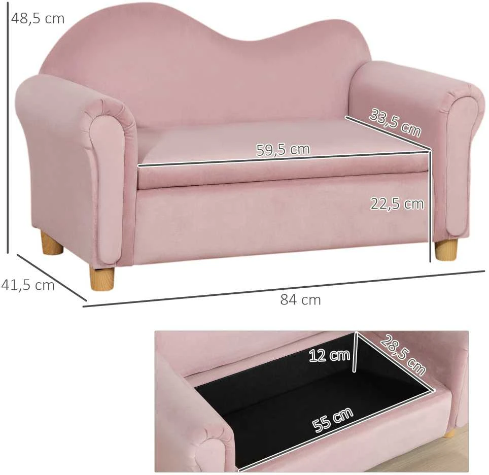 Vaikiška sofa HOMCOM su daiktadėže, rožinė, neaustinis audinys, dvivietė, 3-5 metai, 84x41,5x48,5cm
