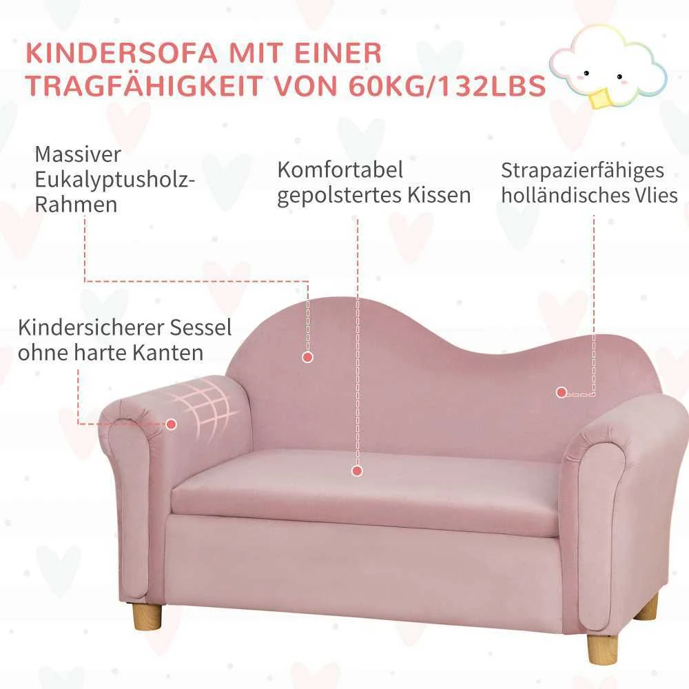 Vaikiška sofa HOMCOM su daiktadėže, rožinė, neaustinis audinys, dvivietė, 3-5 metai, 84x41,5x48,5cm