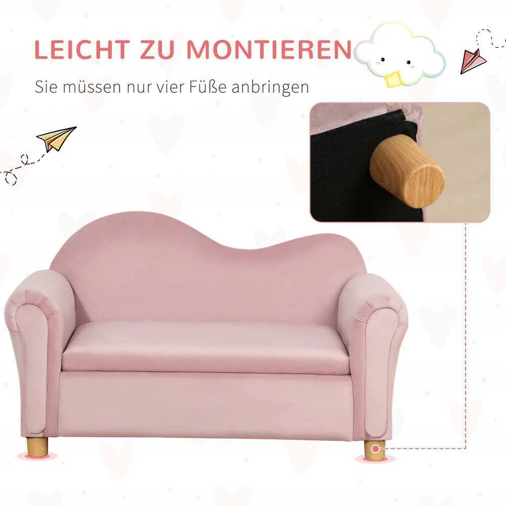 Vaikiška sofa HOMCOM su daiktadėže, rožinė, neaustinis audinys, dvivietė, 3-5 metai, 84x41,5x48,5cm