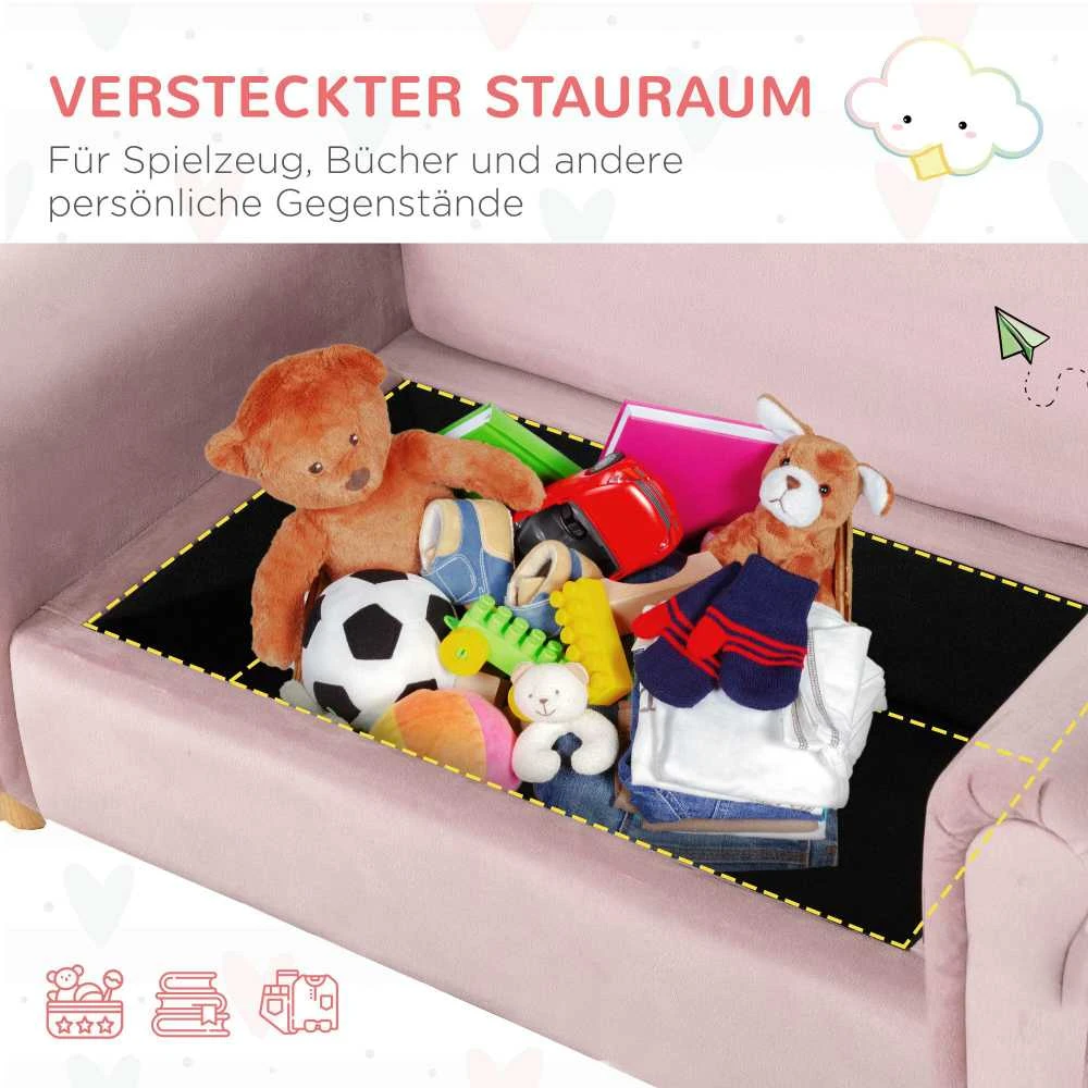 Vaikiška sofa HOMCOM su daiktadėže, rožinė, neaustinis audinys, dvivietė, 3-5 metai, 84x41,5x48,5cm