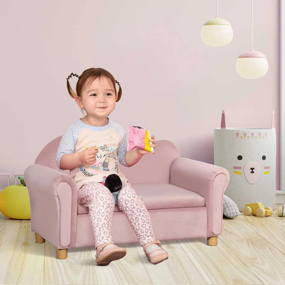Vaikiška sofa HOMCOM su daiktadėže, rožinė, neaustinis audinys, dvivietė, 3-5 metai, 84x41,5x48,5cm