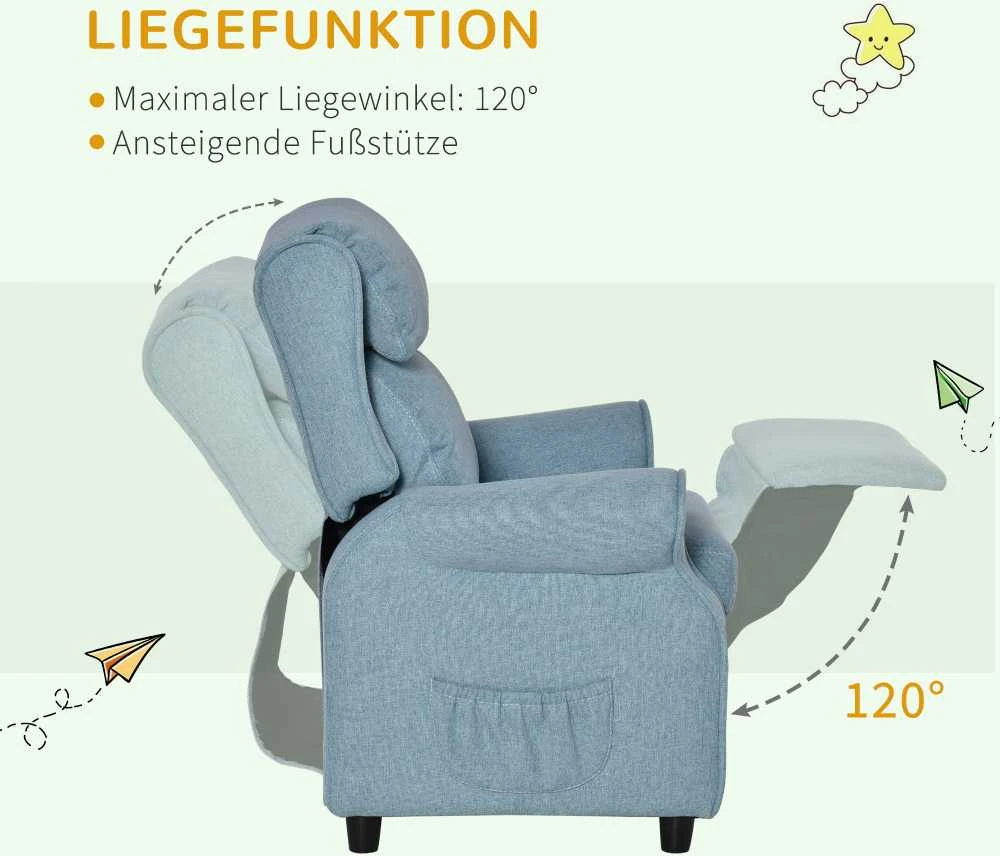 Vaikiška sofa HOMCOM, vaikiška kėdutė su reguliuojama atlošimo funkcija ir pakoja, mėlyna, 3–5 metų vaikams, 58x53x70 cm