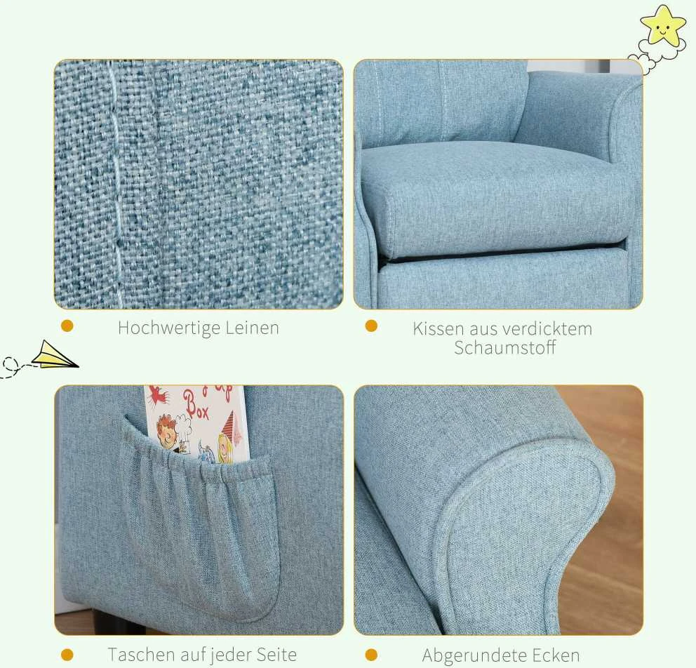 Vaikiška sofa HOMCOM, vaikiška kėdutė su reguliuojama atlošimo funkcija ir pakoja, mėlyna, 3–5 metų vaikams, 58x53x70 cm