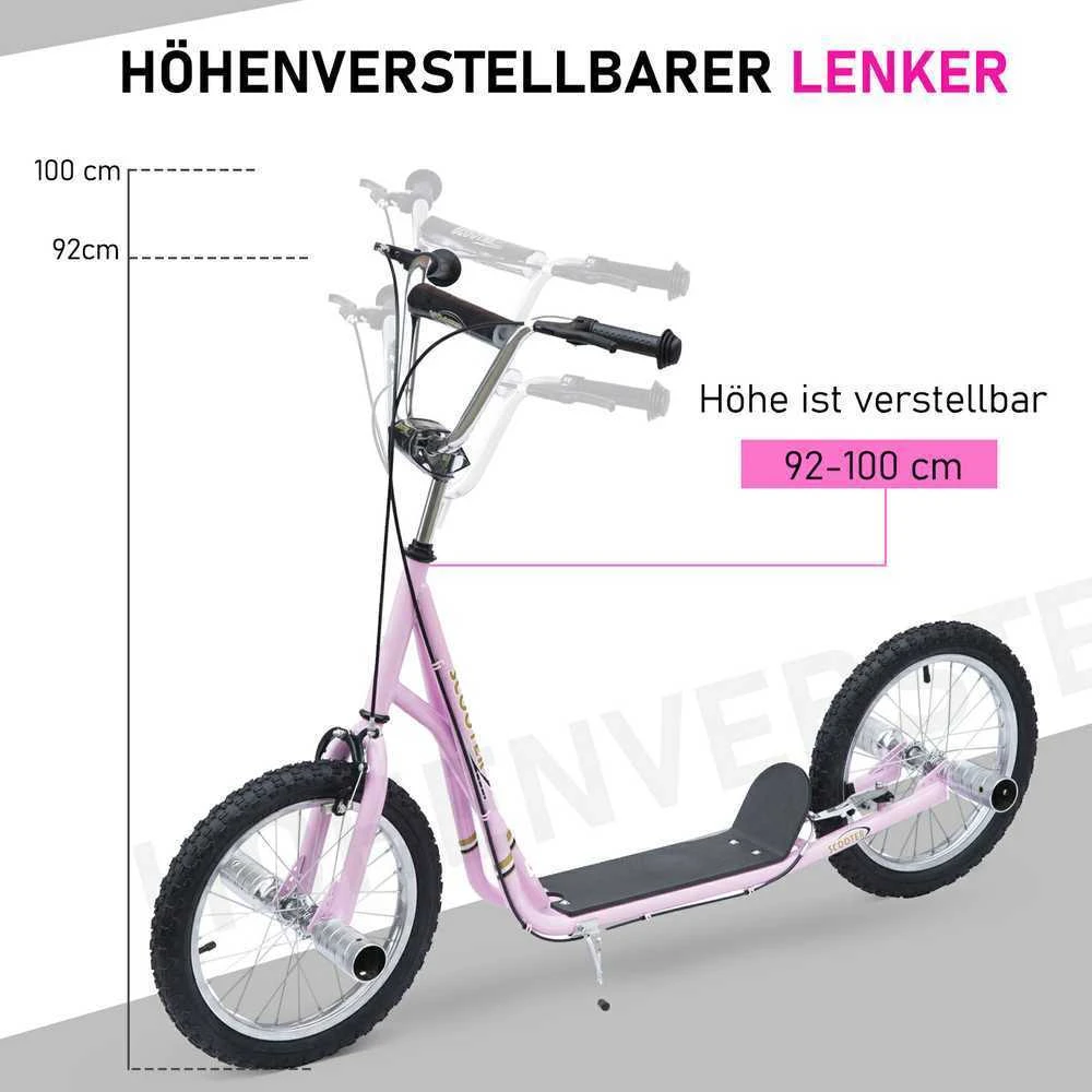 HOMCOM vaikiškas paspirtukas, 16 colių motoroleris su pneumatinėmis padangomis, reguliuojamo aukščio paspirtukas, rožinės spalvos kickscooter vaikams nuo 5 metų