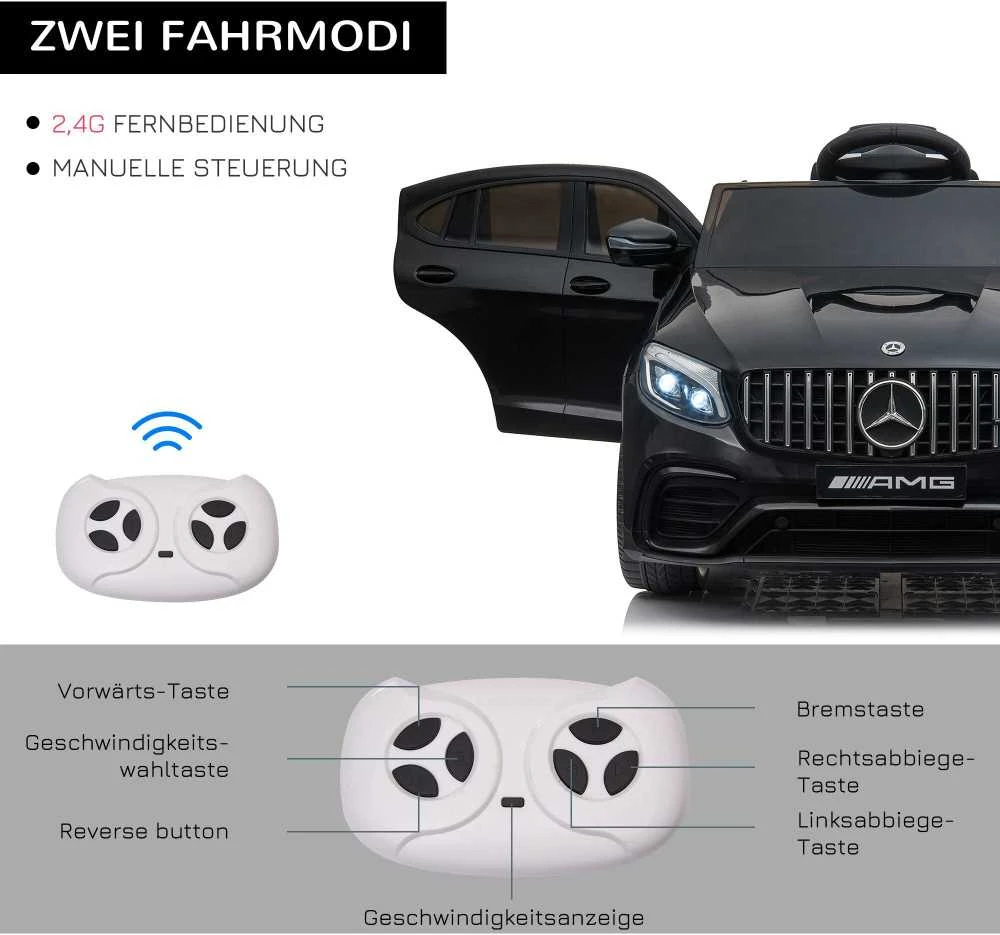 Vaikiškas automobilis HOMCOM Mercedes-Benz AMG GLA45, licencijuotas elektromobilis su nuotolinio valdymo pulteliu, 2 x 35 W varikliai, MP3, saugos diržas, 37–60 mėn., juodas