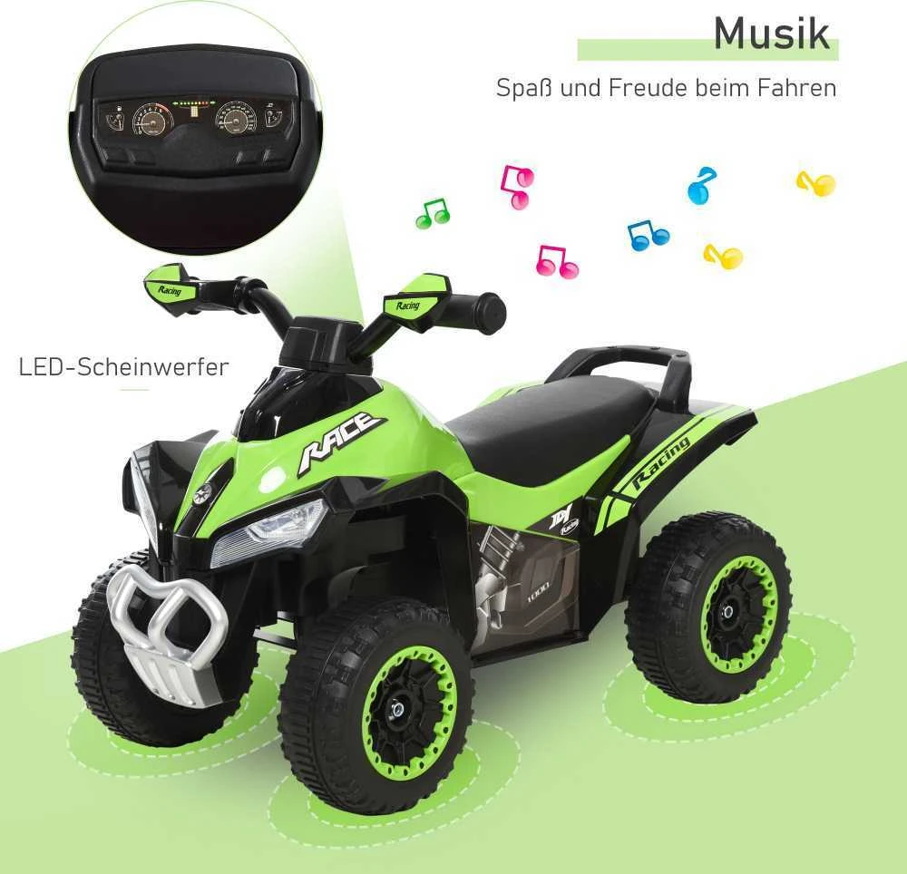 Vaikiškas stumiamas automobilis HOMCOM, 18-36 mėn. vaikams, su šviesomis ir muzika, plastikinis/plieno, žalias, 67,5 x 38 x 44 cm