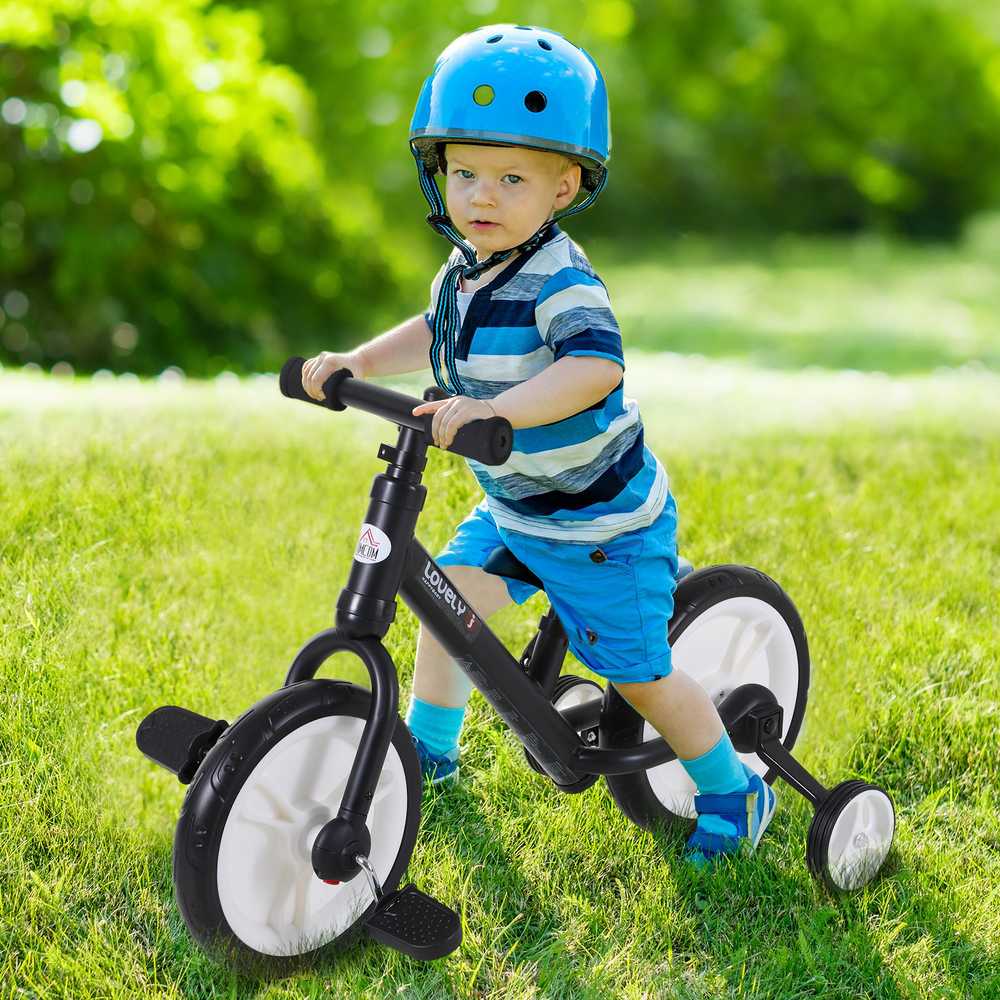 HOMCOM vaikiškas balansinis dviratukas su mokomaisiais ratukais, pedalais, reguliuojamo aukščio sėdynė, skirtas 2-5 metų vaikams, PP, juodas