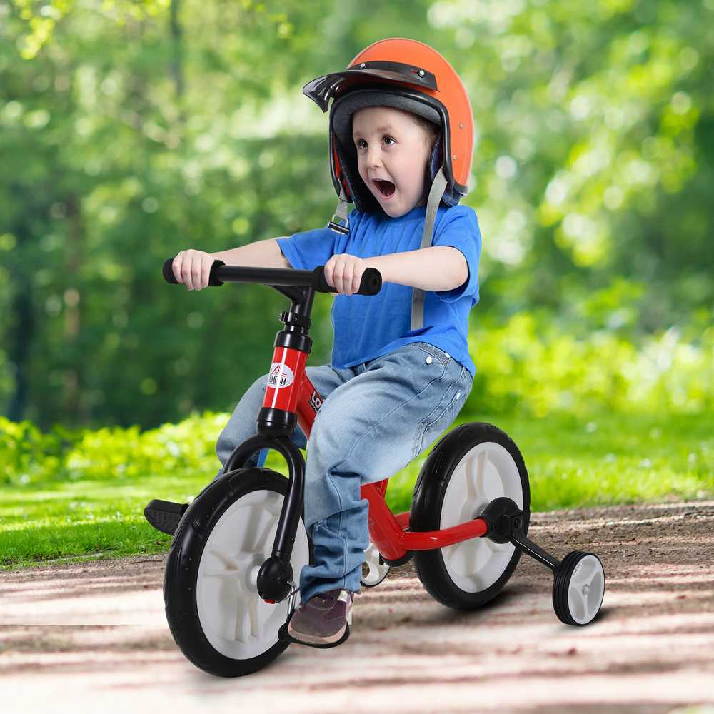 HOMCOM vaikiškas balansinis dviratukas su pagalbiniais ratukais ir pedalais, 2-5 metai, reguliuojamas sėdynės aukštis, PP, raudonas