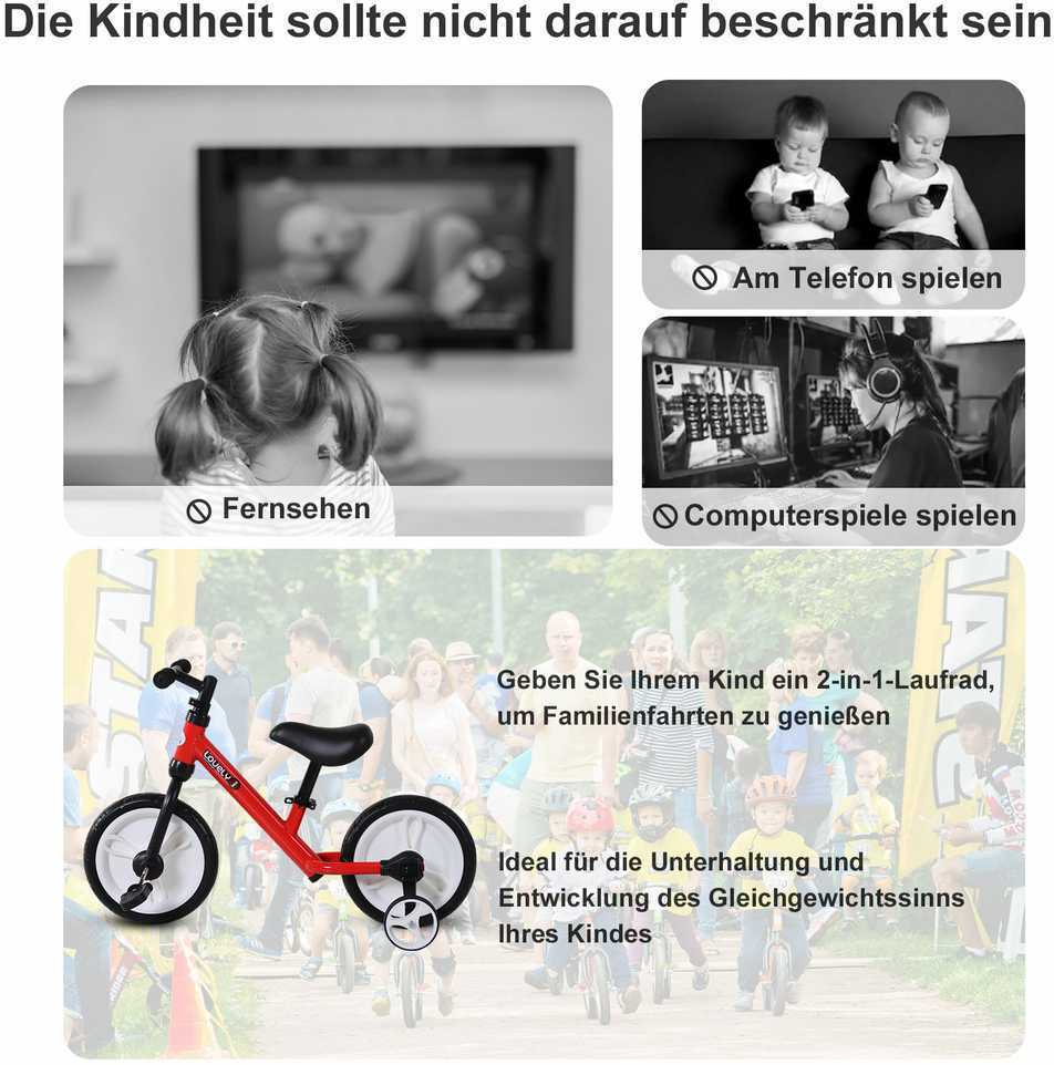 HOMCOM vaikiškas balansinis dviratukas su pagalbiniais ratukais ir pedalais, 2-5 metai, reguliuojamas sėdynės aukštis, PP, raudonas