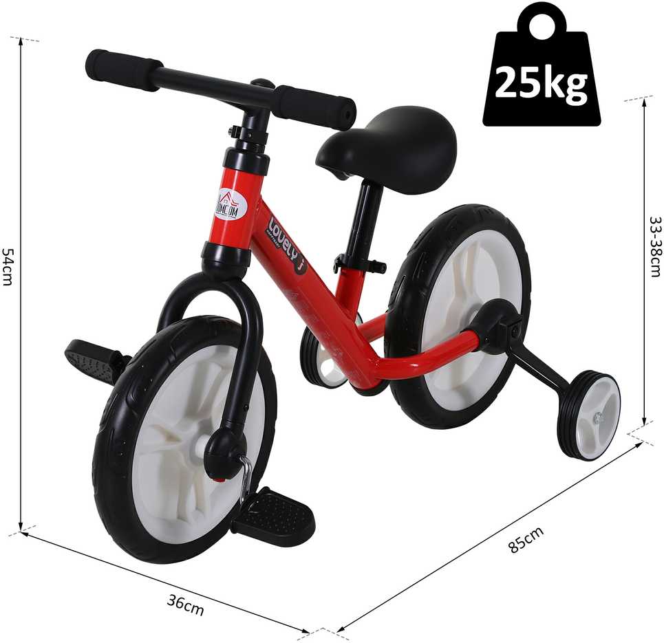 HOMCOM vaikiškas balansinis dviratukas su pagalbiniais ratukais ir pedalais, 2-5 metai, reguliuojamas sėdynės aukštis, PP, raudonas