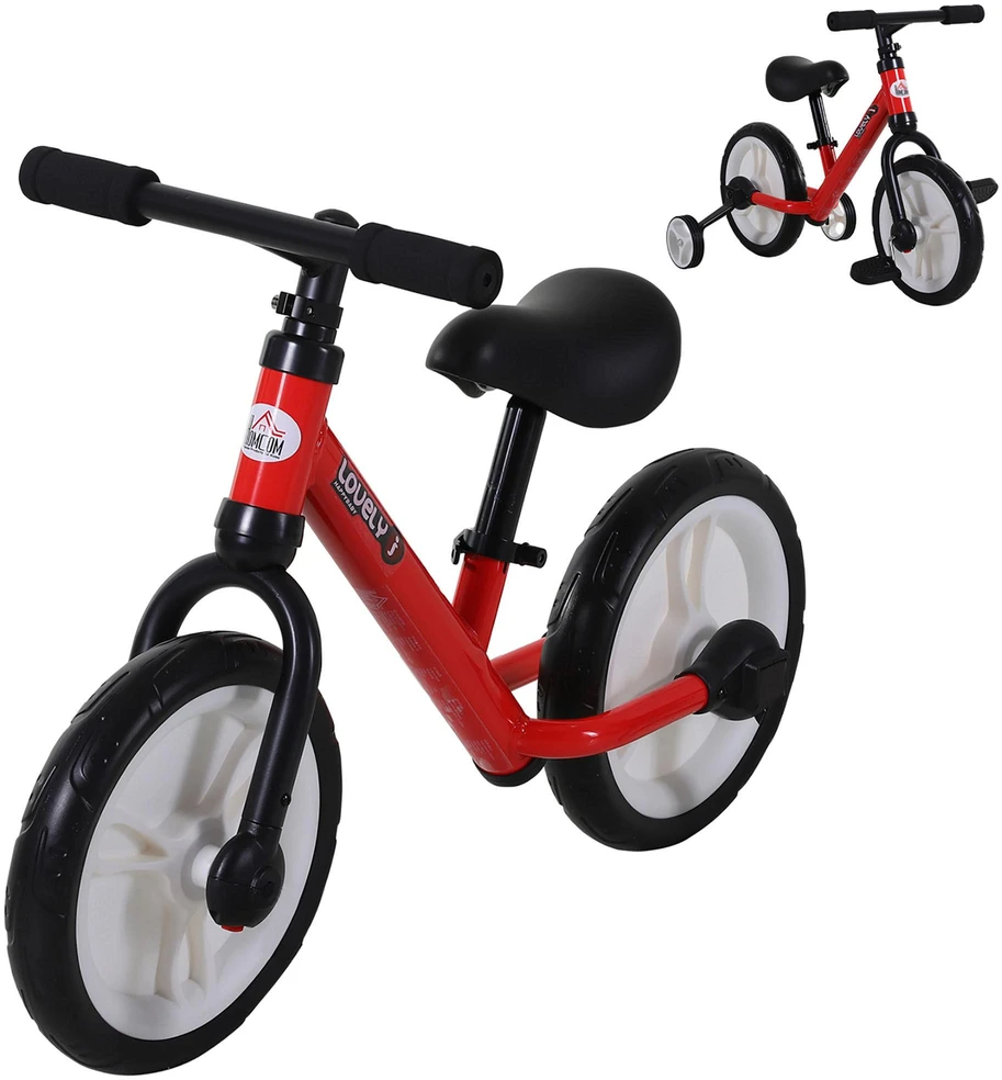 HOMCOM vaikiškas balansinis dviratukas su pagalbiniais ratukais ir pedalais, 2-5 metai, reguliuojamas sėdynės aukštis, PP, raudonas
