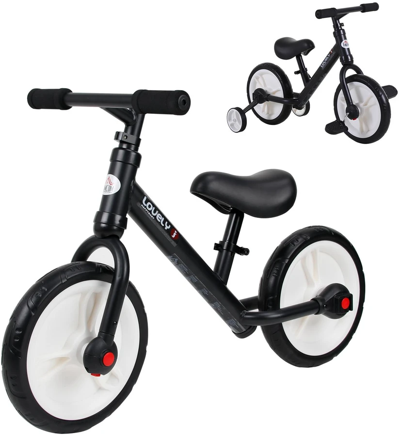 HOMCOM vaikiškas balansinis dviratukas su mokomaisiais ratukais, pedalais, reguliuojamo aukščio sėdynė, skirtas 2-5 metų vaikams, PP, juodas