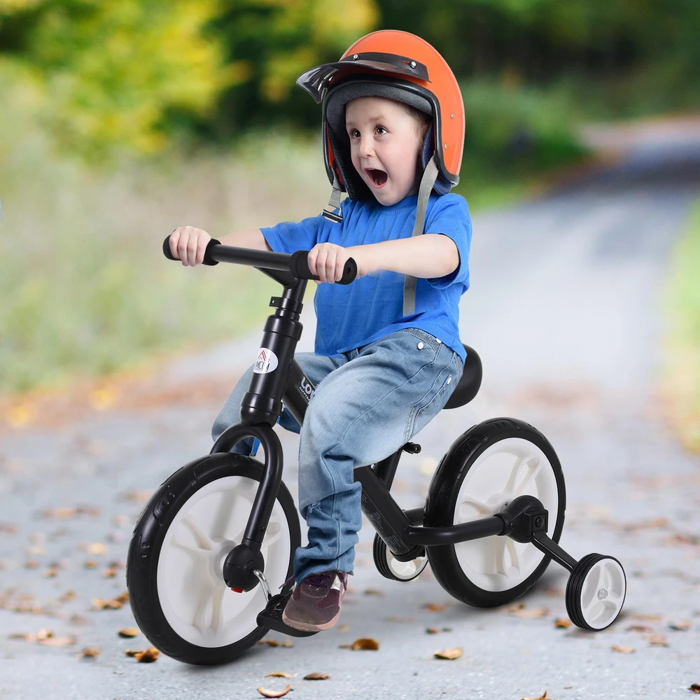 HOMCOM vaikiškas balansinis dviratukas su mokomaisiais ratukais, pedalais, reguliuojamo aukščio sėdynė, skirtas 2-5 metų vaikams, PP, juodas