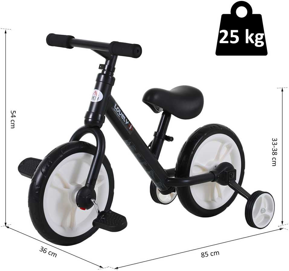 HOMCOM vaikiškas balansinis dviratukas su mokomaisiais ratukais, pedalais, reguliuojamo aukščio sėdynė, skirtas 2-5 metų vaikams, PP, juodas
