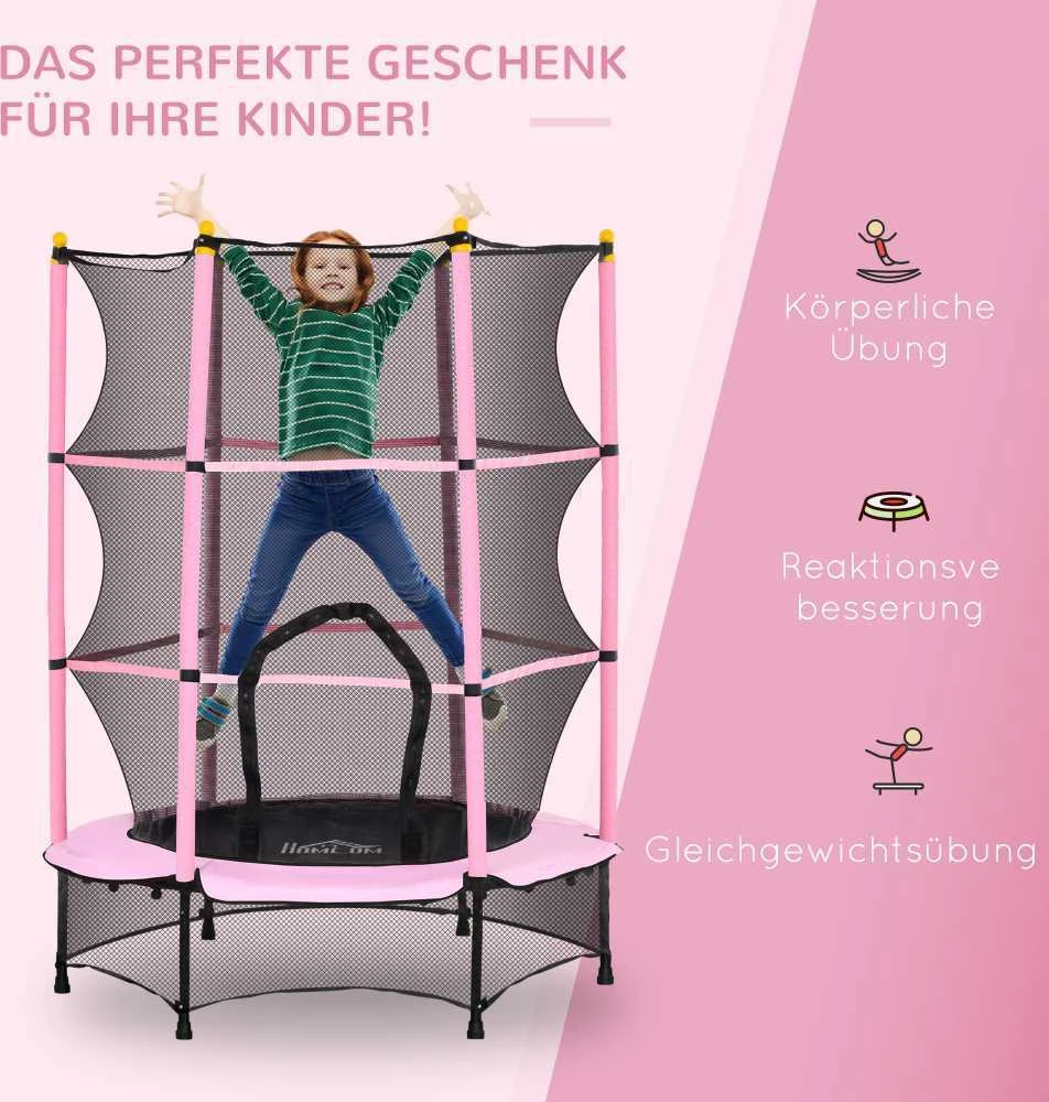 HOMCOM vaikiškas batutas Ø140 cm, batutas su apsauginiu tinklu, kraštų danga, sodo batutas vaikams 3–10 metų, keliamoji galia iki 50 kg, rožinis