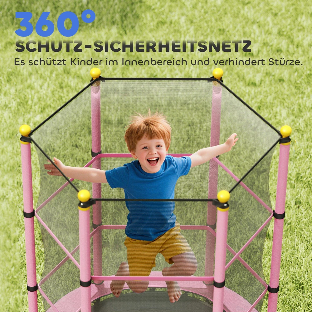 HOMCOM vaikiškas batutas Ø140 cm, batutas su apsauginiu tinklu, kraštų danga, sodo batutas vaikams 3–10 metų, keliamoji galia iki 50 kg, rožinis