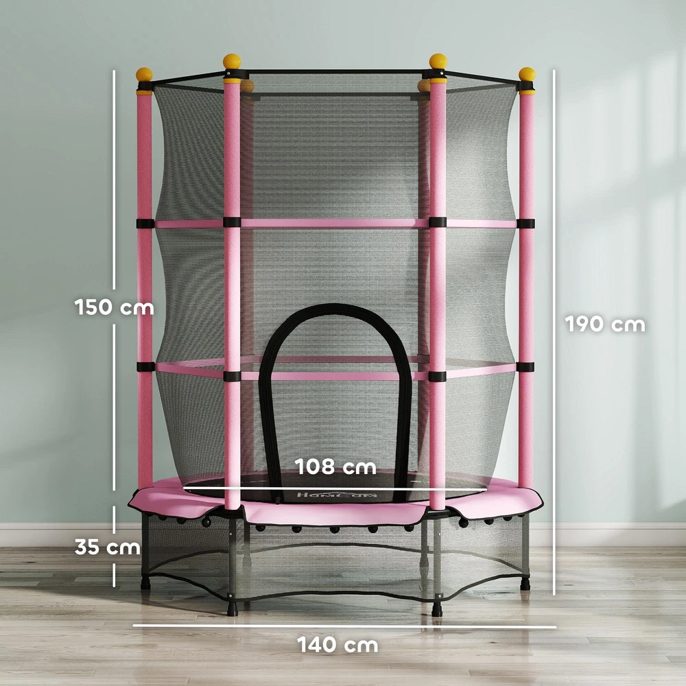 HOMCOM vaikiškas batutas Ø140 cm, batutas su apsauginiu tinklu, kraštų danga, sodo batutas vaikams 3–10 metų, keliamoji galia iki 50 kg, rožinis