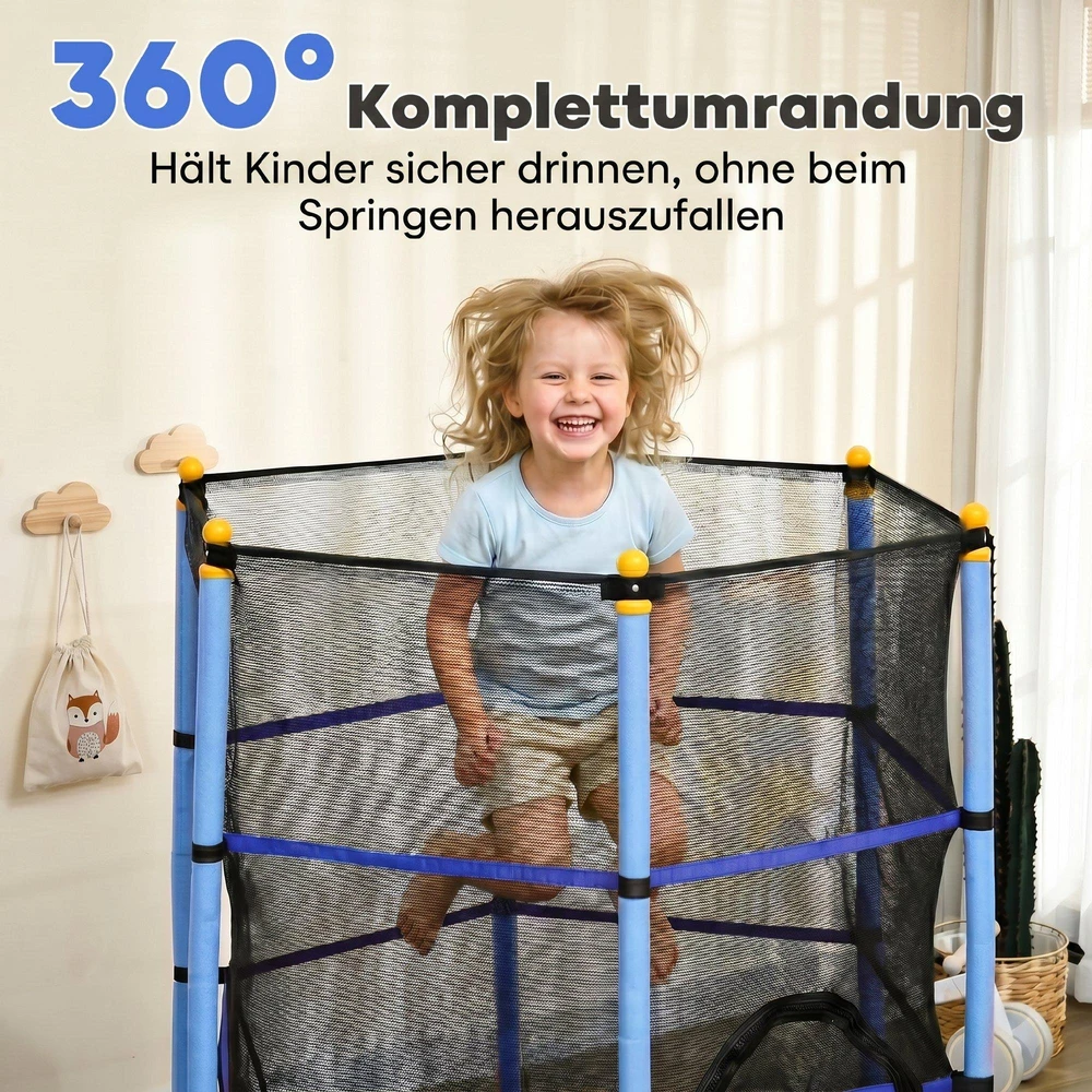 HOMCOM vaikiškas batutas Ø163 cm, batutas su apsauginiu tinklu, kraštų danga, sodo batutas vaikams 3-10 metų, keliamoji galia iki 50 kg, mėlynas