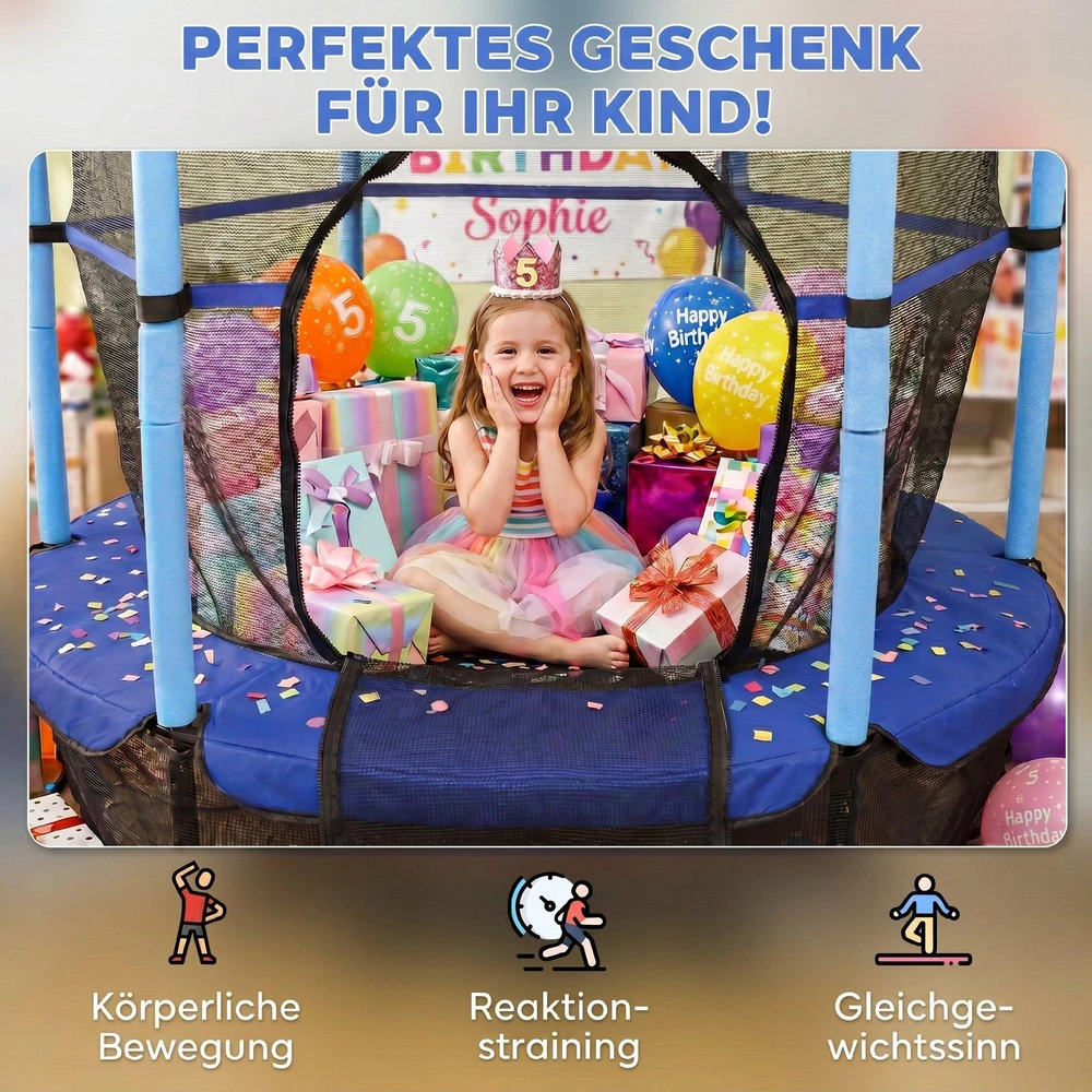 HOMCOM vaikiškas batutas Ø163 cm, batutas su apsauginiu tinklu, kraštų danga, sodo batutas vaikams 3-10 metų, keliamoji galia iki 50 kg, mėlynas