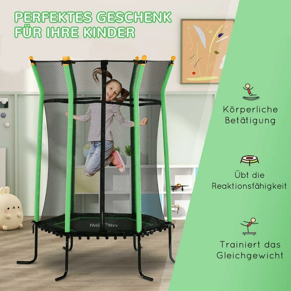 HOMCOM vaikiškas batutas Ø163,5 cm, vidaus batutas su apsauginiu tinklu, kraštų danga, guminėmis virvėmis, vaikiškas batutas iki 50 kg, 3-10 metų vaikams, žalias