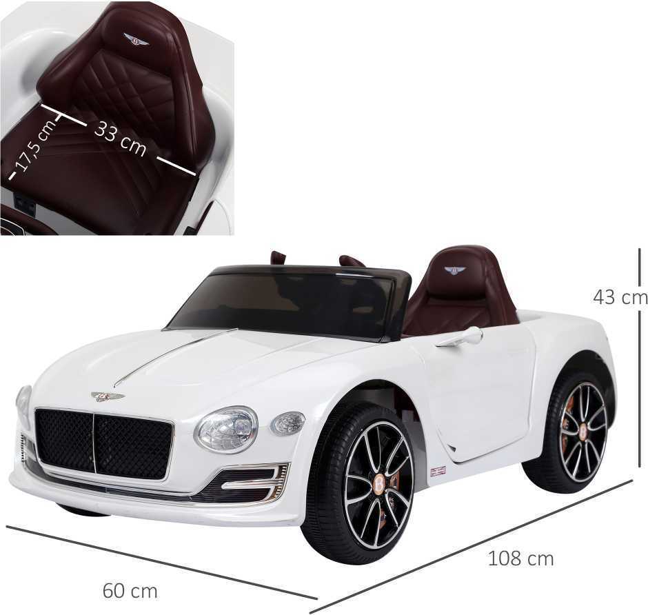 HOMCOM vaikiškas automobilis Bentley GT elektromobilis su nuotolinio valdymo pulteliu, 2 x 390 varikliai, baltas, 108 x 60 x 43 cm