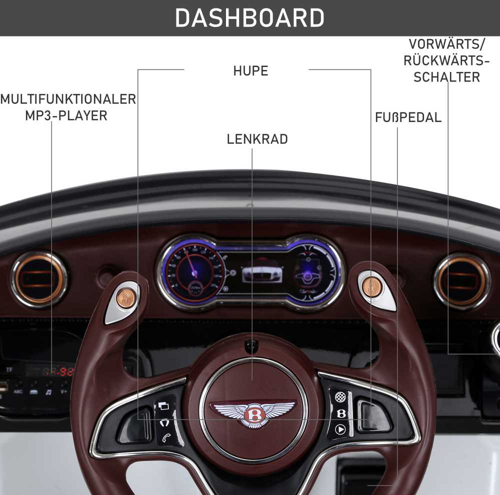 HOMCOM vaikiškas automobilis Bentley GT elektromobilis su nuotolinio valdymo pulteliu, 2 x 390 varikliai, baltas, 108 x 60 x 43 cm