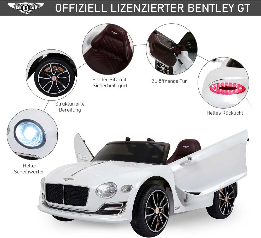 HOMCOM vaikiškas automobilis Bentley GT elektromobilis su nuotolinio valdymo pulteliu, 2 x 390 varikliai, baltas, 108 x 60 x 43 cm