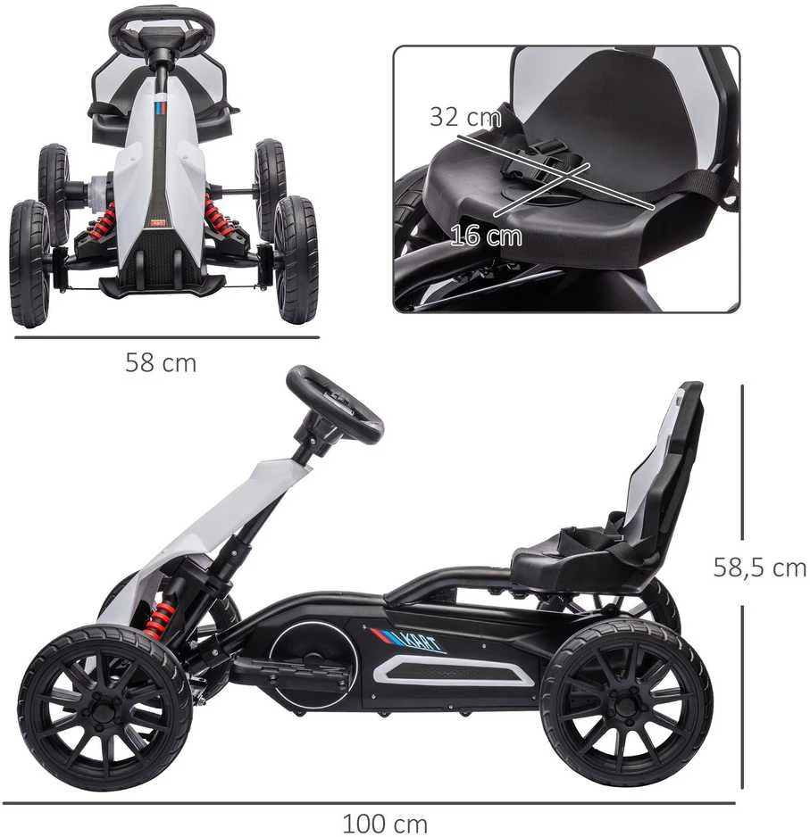 Vaikiškas elektrinis kartingas HOMCOM, 12 V, 3–5 km/h, drifto kartas su 2 reguliuojamais režimais, saugos diržu, vairu, vaikiška transporto priemonė 3–8 metų vaikams, baltas