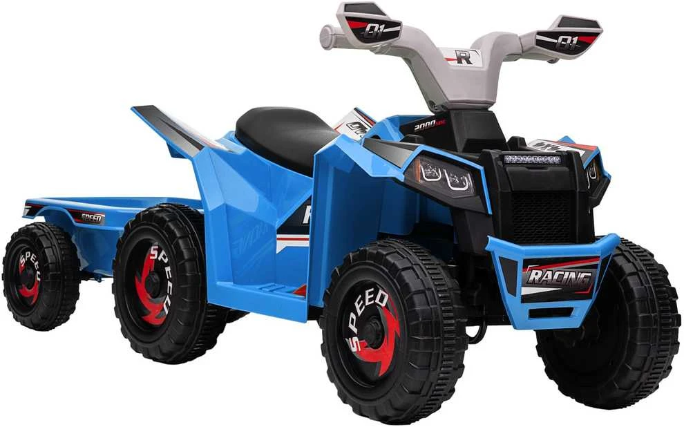 HOMCOM vaikiškas elektrinis keturratis, 6V elektromobilis su priekaba, transporto priemonė 1,5–3 metų vaikams, 2,5 km/val., metalas, mėlynas