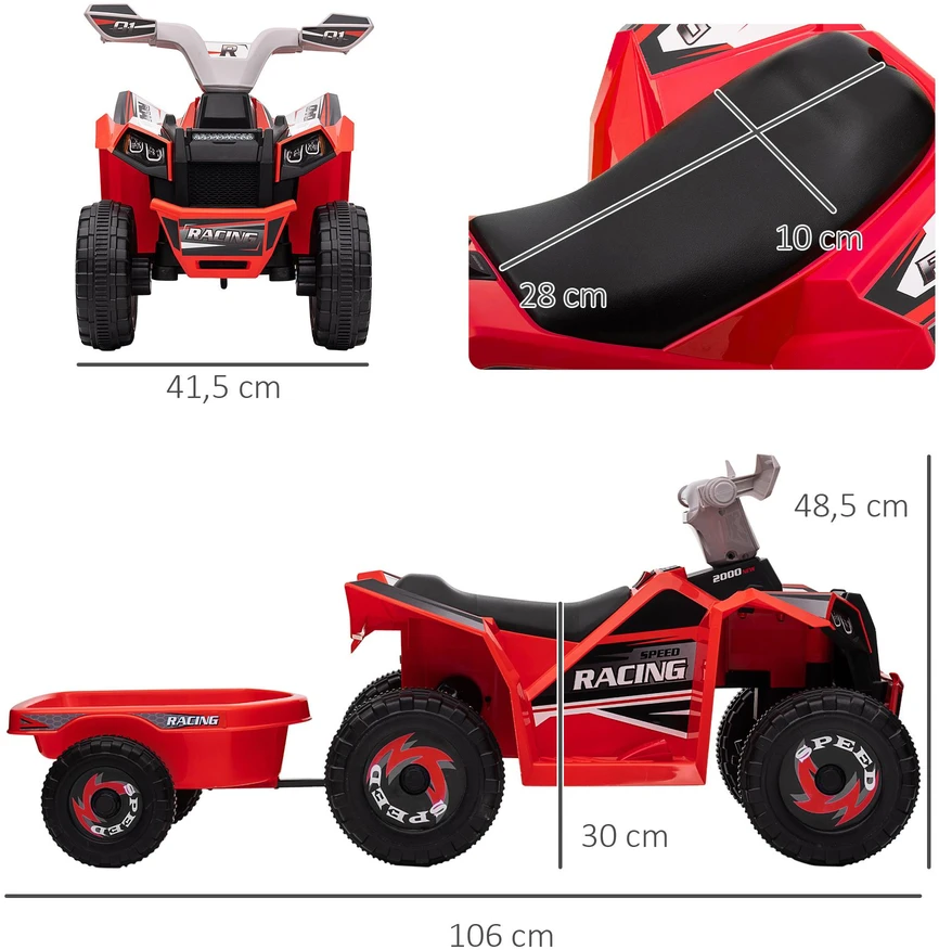 HOMCOM vaikiškas elektrinis keturratis 6V, vaikiška transporto priemonė, elektromobilis su priekaba vaikams 1,5–3 metų, 2,5 km/val., metalas, 106 x 41,5 x 48,5 cm, raudona