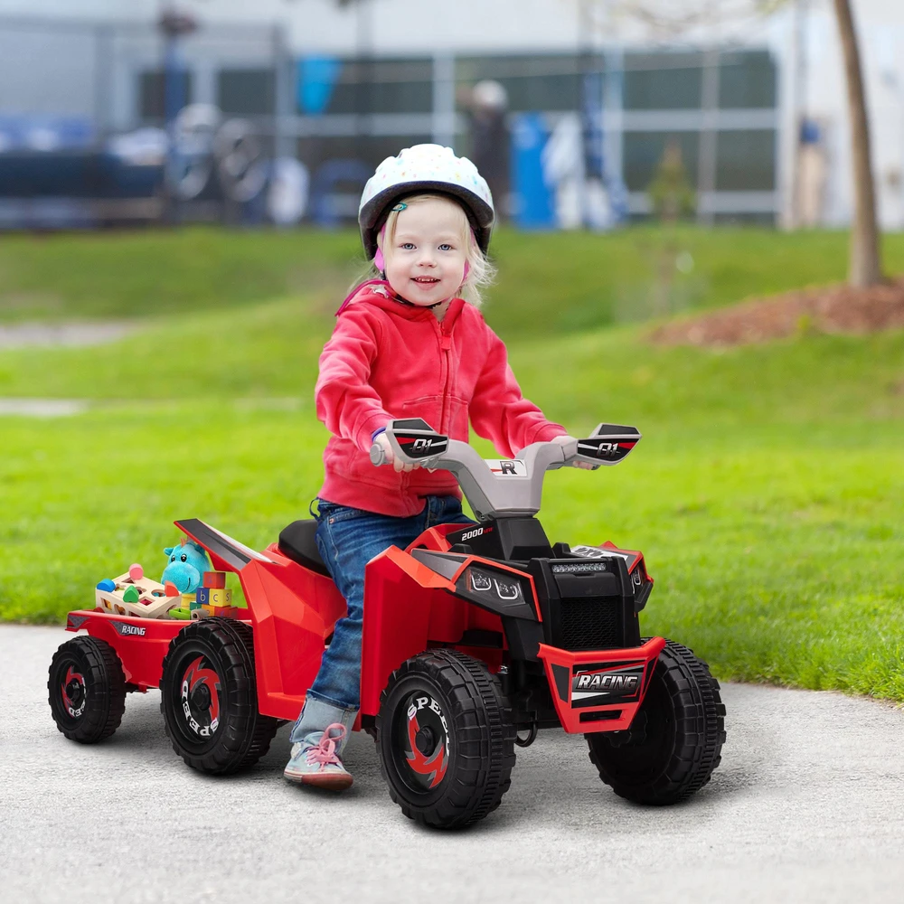 HOMCOM vaikiškas elektrinis keturratis 6V, vaikiška transporto priemonė, elektromobilis su priekaba vaikams 1,5–3 metų, 2,5 km/val., metalas, 106 x 41,5 x 48,5 cm, raudona