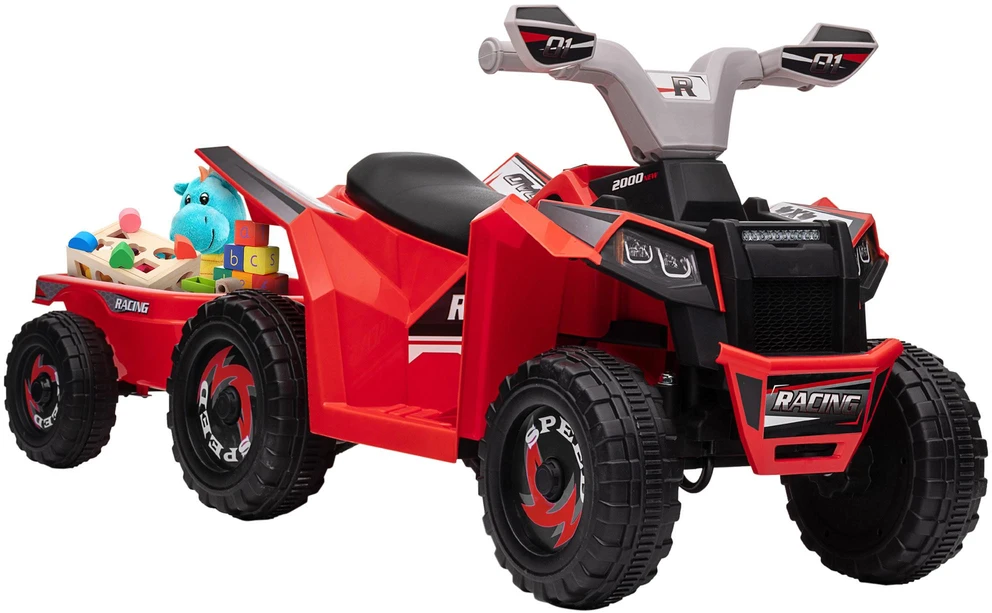 HOMCOM vaikiškas elektrinis keturratis 6V, vaikiška transporto priemonė, elektromobilis su priekaba vaikams 1,5–3 metų, 2,5 km/val., metalas, 106 x 41,5 x 48,5 cm, raudona