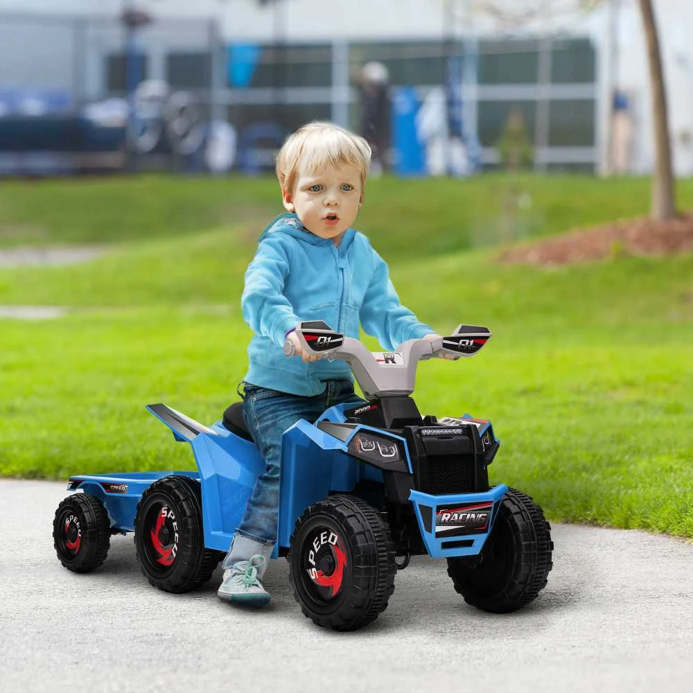 HOMCOM vaikiškas elektrinis keturratis, 6V elektromobilis su priekaba, transporto priemonė 1,5–3 metų vaikams, 2,5 km/val., metalas, mėlynas