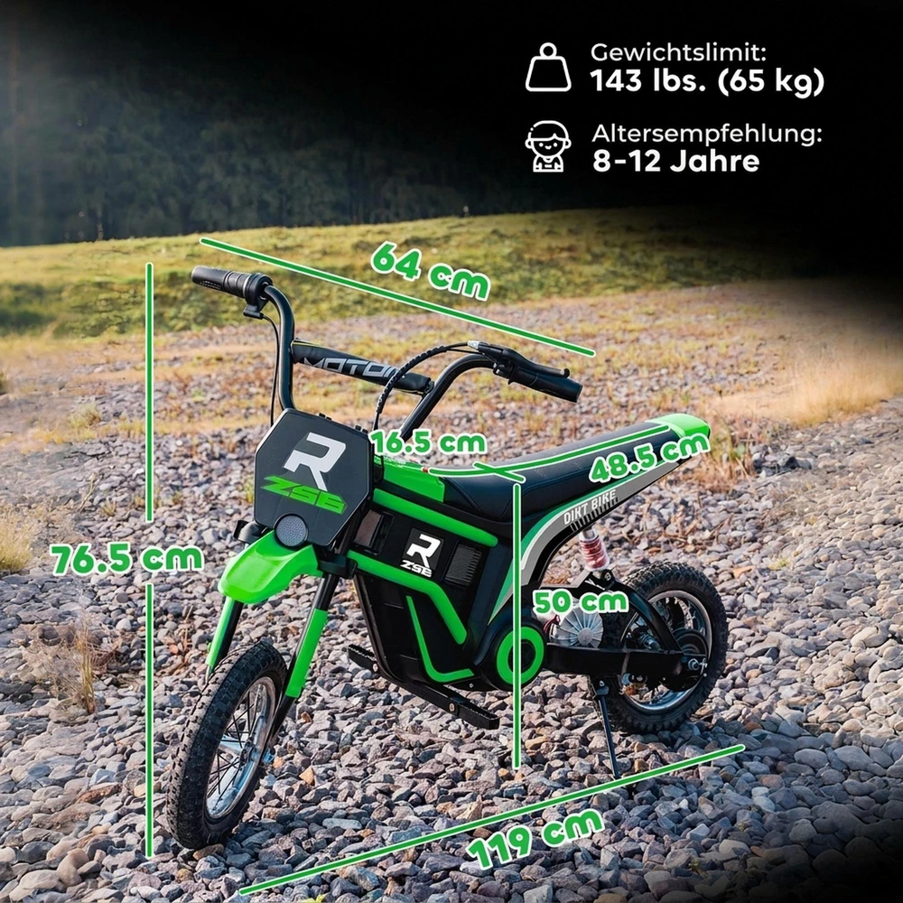 HOMCOM vaikiškas elektrinis motociklas, 12 V vaikiškas motociklas su garsiniu signalu, žibintu, transporto priemonė vaikams su pasukama greičio rankena, 8-16 km/val., 8-12 metų vaikams, žalias | Aosom