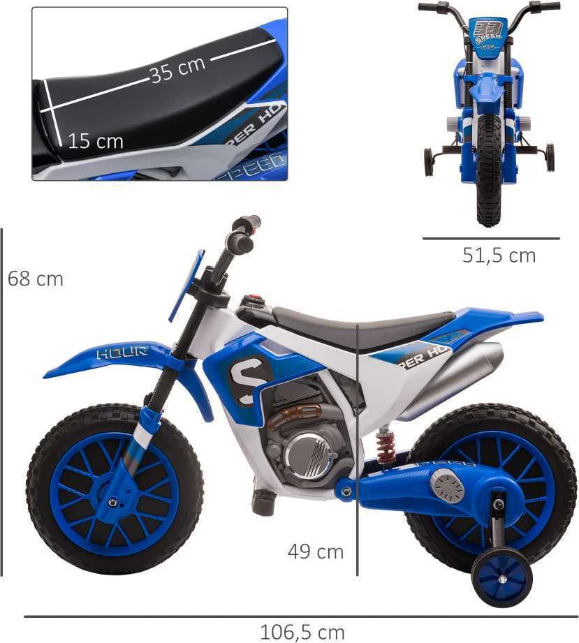 HOMCOM vaikiškas elektrinis motociklas 12V, su 2 nuimamais pagalbiniais ratukais, nuo 3 metų, PP metalas, mėlynas ir baltas