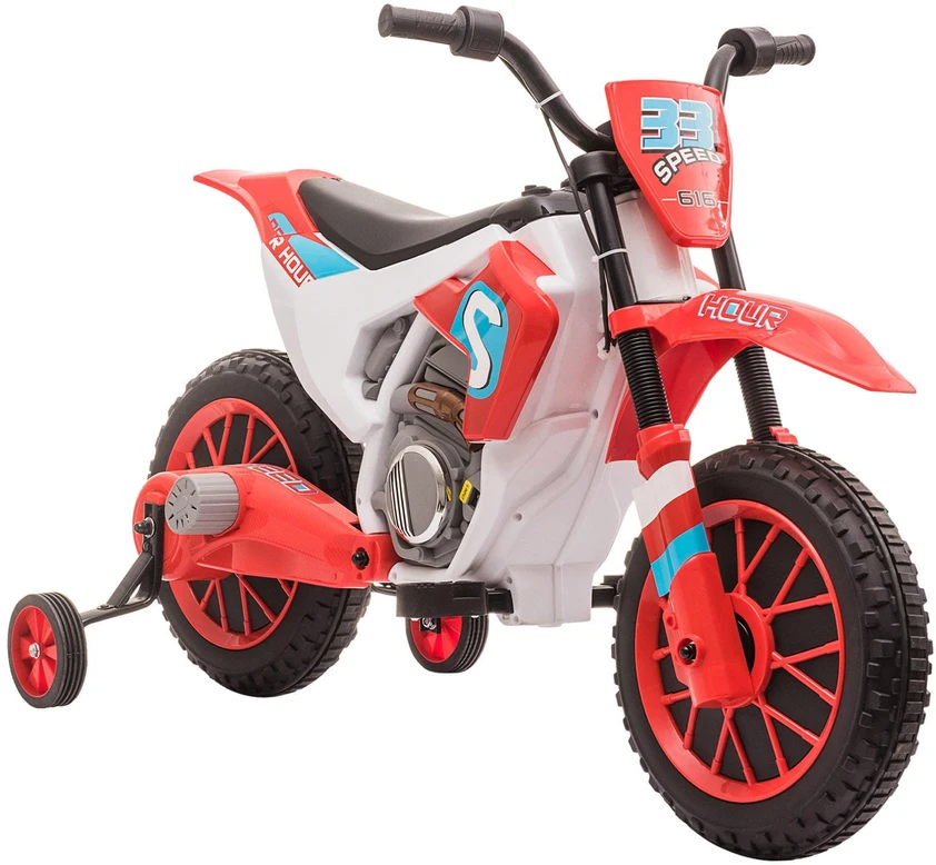 HOMCOM vaikiškas elektrinis motociklas, 12V, su 2 nuimamais pagalbiniais ratukais, raudonas, vaikams nuo 3 metų