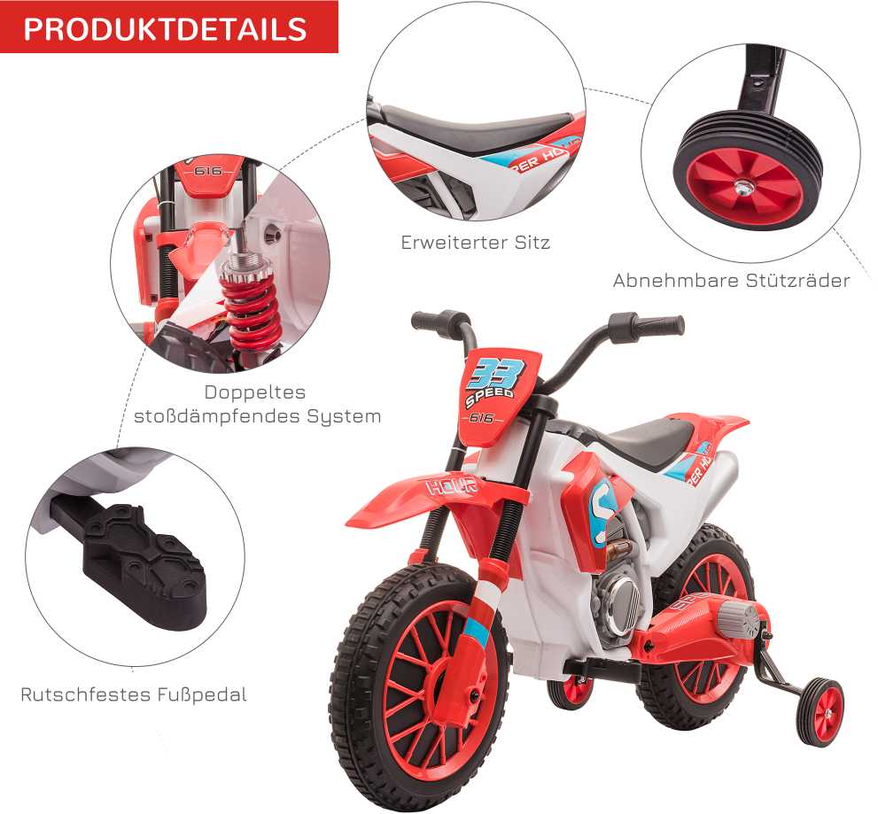 HOMCOM vaikiškas elektrinis motociklas, 12V, su 2 nuimamais pagalbiniais ratukais, raudonas, vaikams nuo 3 metų