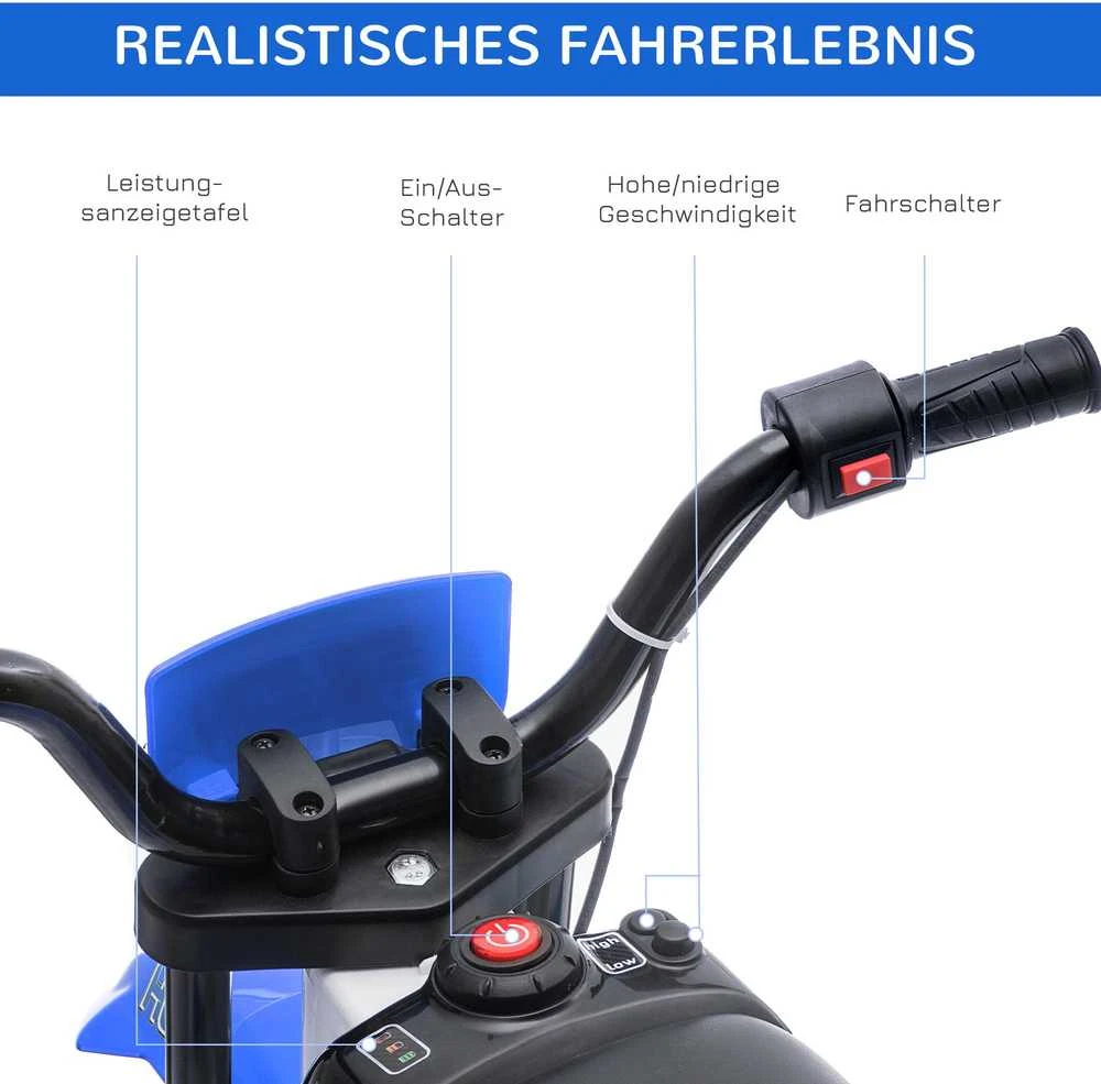 HOMCOM vaikiškas elektrinis motociklas 12V, su 2 nuimamais pagalbiniais ratukais, nuo 3 metų, PP metalas, mėlynas ir baltas