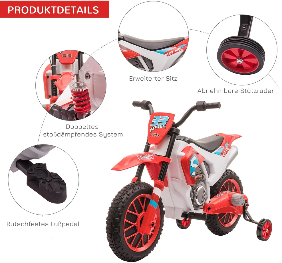 HOMCOM vaikiškas elektrinis motociklas, 12V, su 2 nuimamais pagalbiniais ratukais, raudonas, vaikams nuo 3 metų
