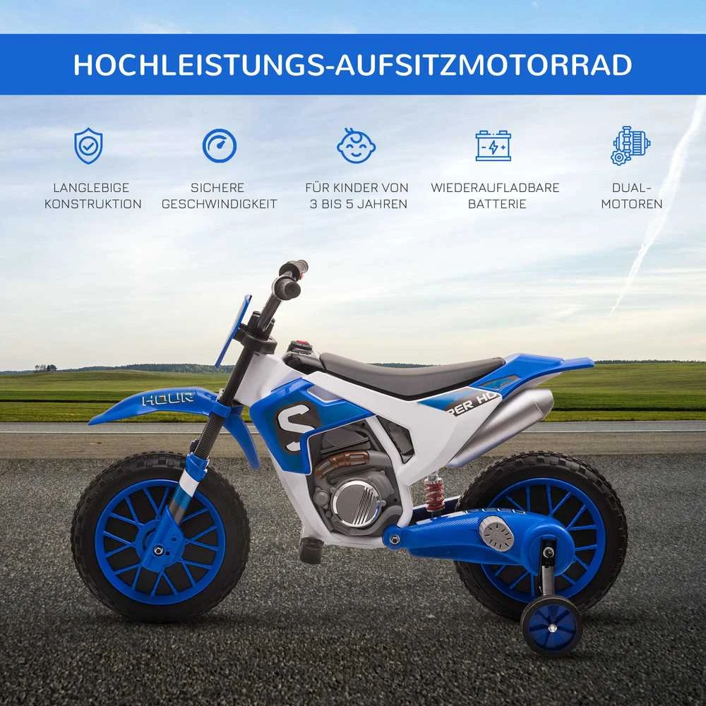 HOMCOM vaikiškas elektrinis motociklas 12V, su 2 nuimamais pagalbiniais ratukais, nuo 3 metų, PP metalas, mėlynas ir baltas